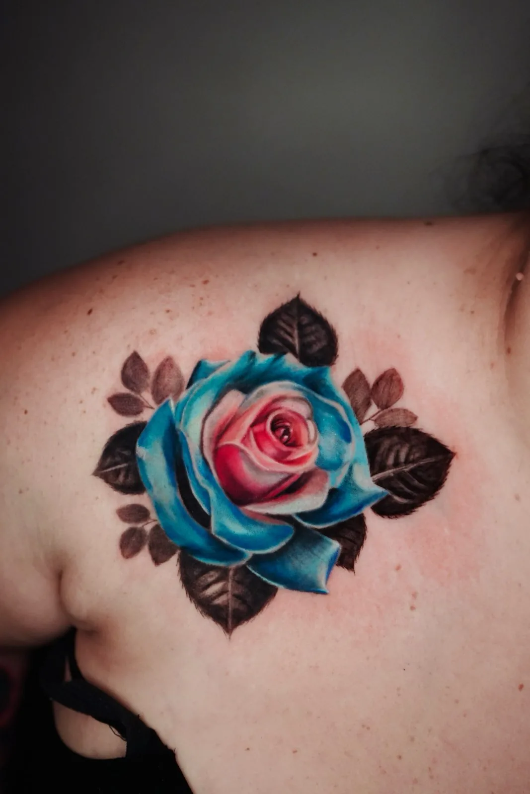 Color realism blue rose shoulder tattoo by Courtnie Heller