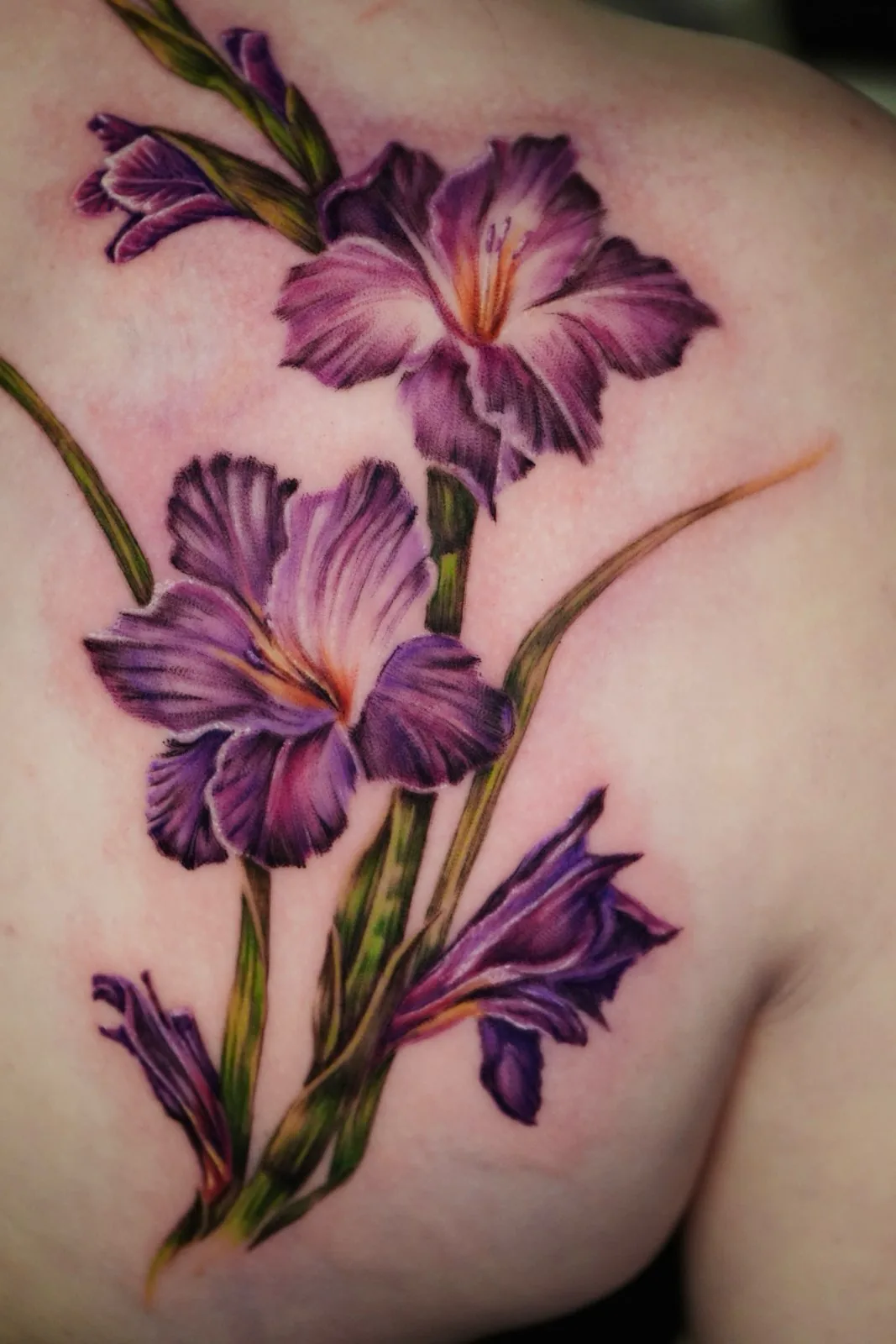 Purple gladiolus color tattoo by Courtnie Heller