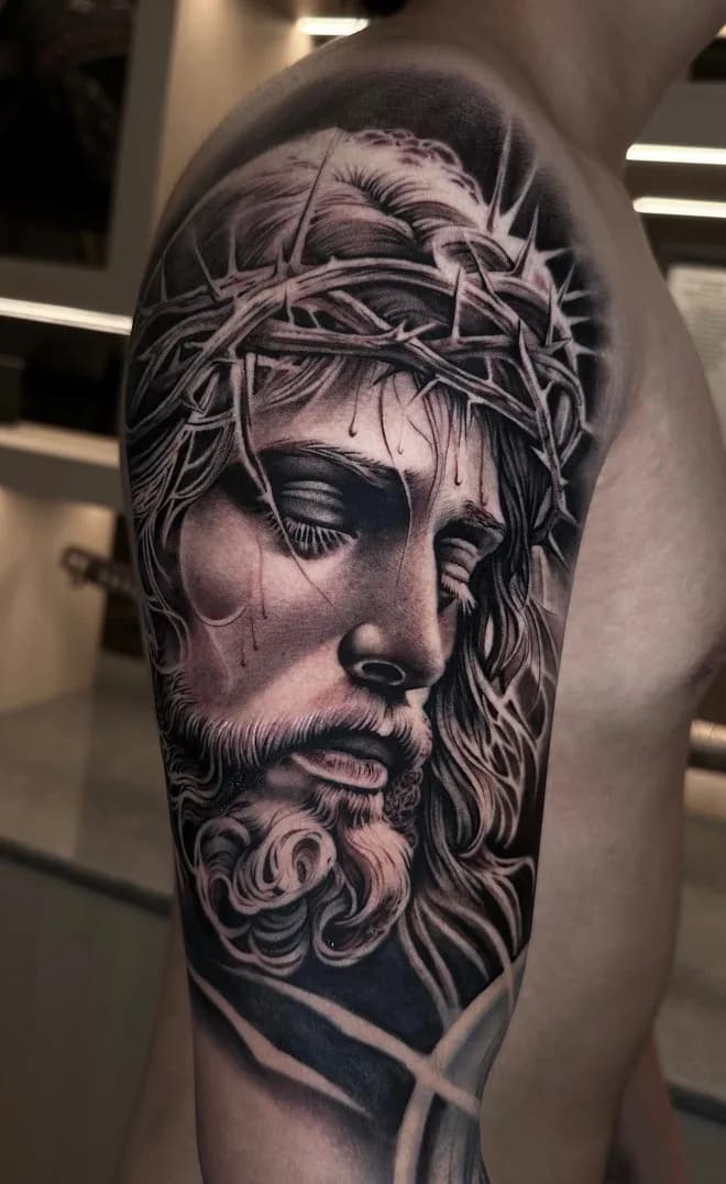 Black and grey Christ crown of thorns half sleeve by Joel Ponce