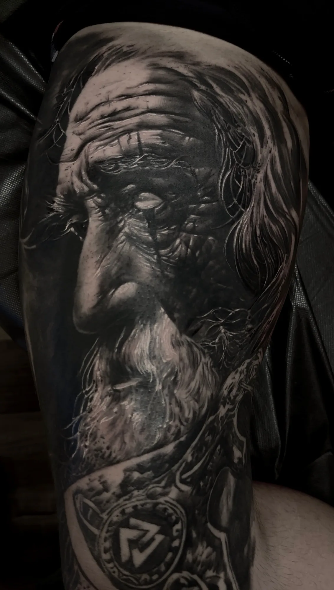Black and grey Norse warrior portrait tattoo by JP Alfonso