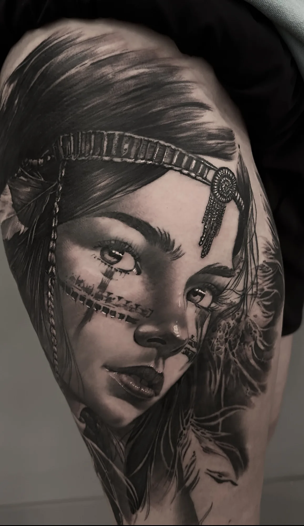 Black and grey portrait of a woman thigh tattoo by JP Alfonso