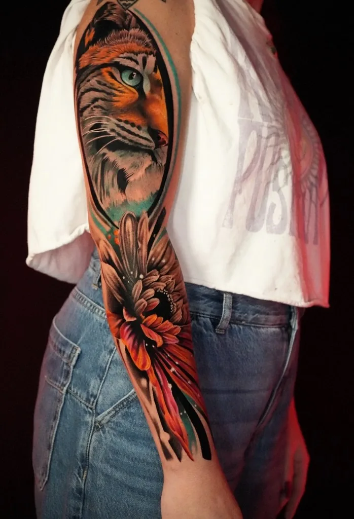 Color realism tiger and floral arm sleeve by Nate Cummings