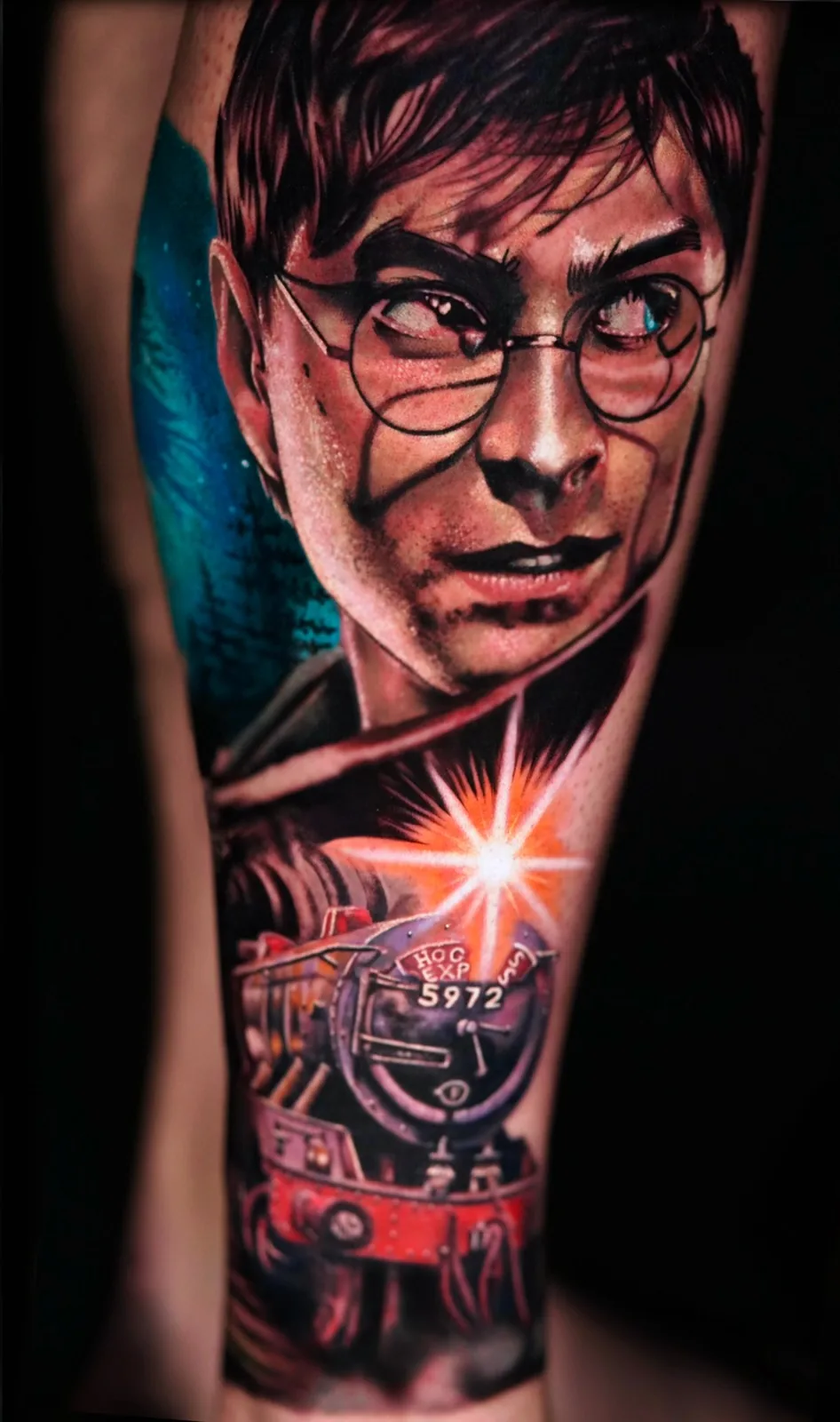 Color realism movie character portrait and steam train leg sleeve by Nate Cummings