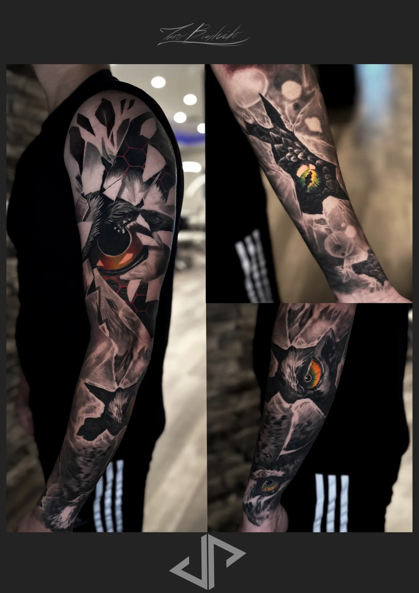 Black and grey raven and cat sleeve tattoo by Taro Bushido