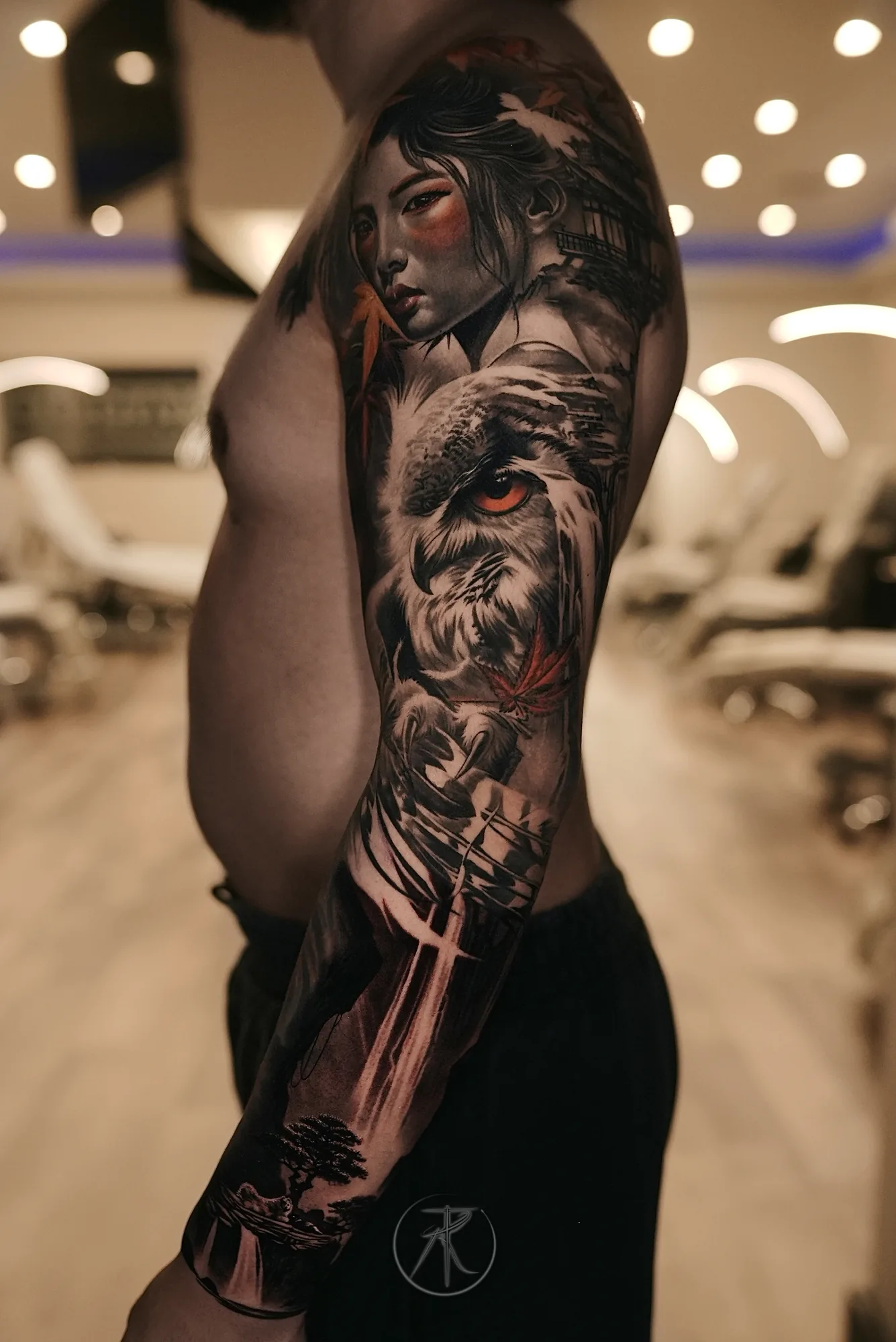 Japanese geisha and owl color sleeve tattoo by Taro Bushido