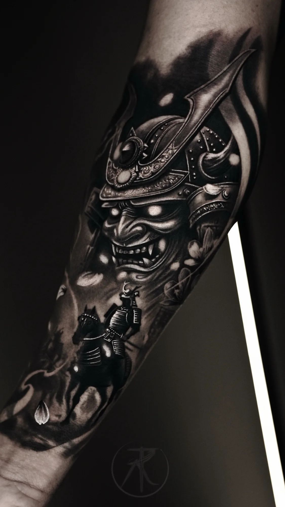 Black and grey hannya mask and samurai sleeve tattoo by Taro Bushido