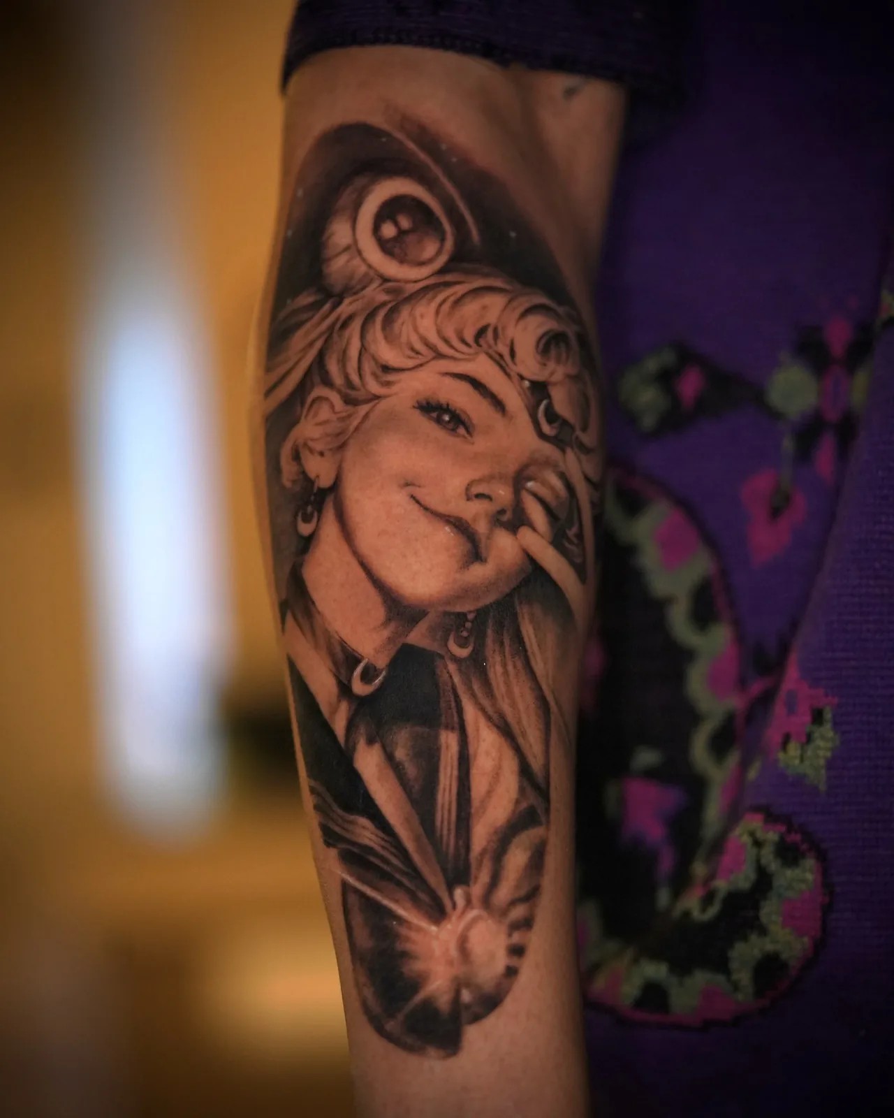 Black and grey surrealism woman portrait and space forearm tattoo by Zach Truitt