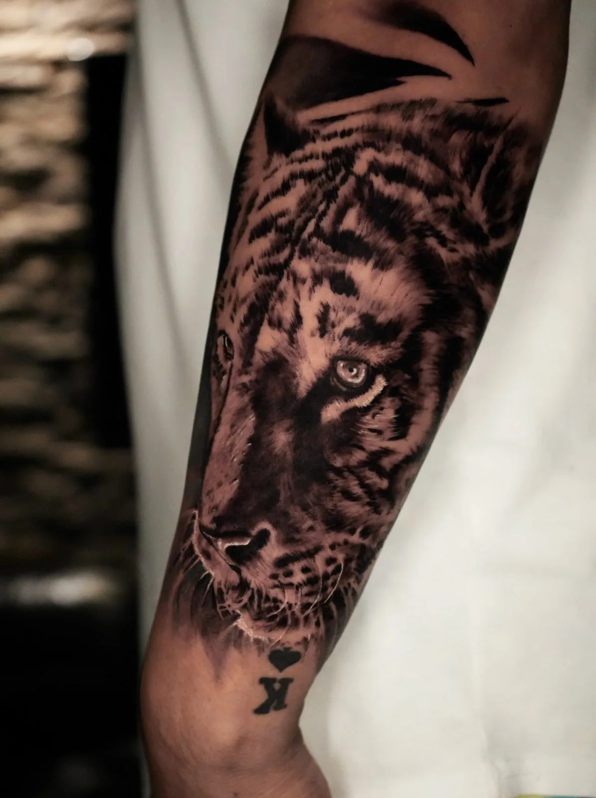 Black and grey realism tiger forearm tattoo by Zach Truitt