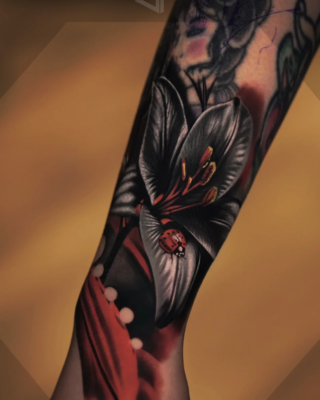 Black and grey lily cover-up tattoo, after